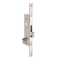Metal door handle and lock mechanism on a white background
