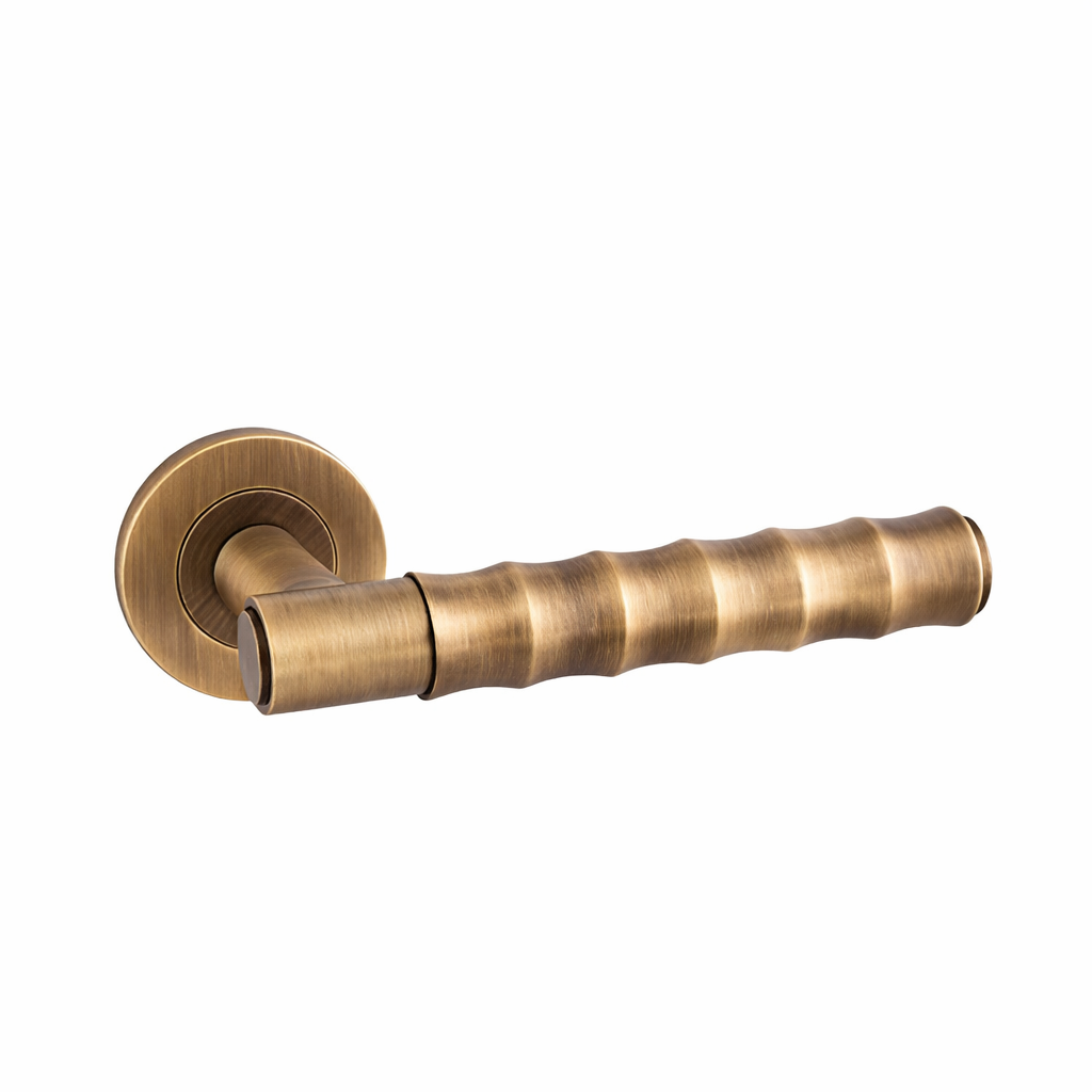 Bamboo door handle lever on rose - antique brass