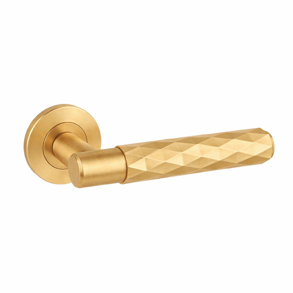 Spitfire door handle lever on rose - diamond cut - brushed brass