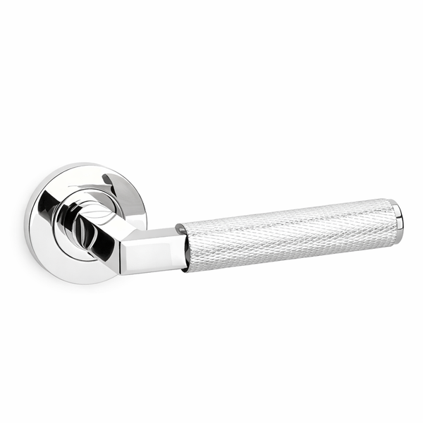 Knurled hurricane lever on rose door handle - polished Nickel