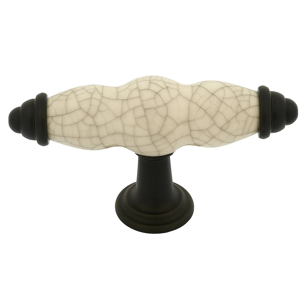 Cream crackled porcelain T knob black base - 85mm