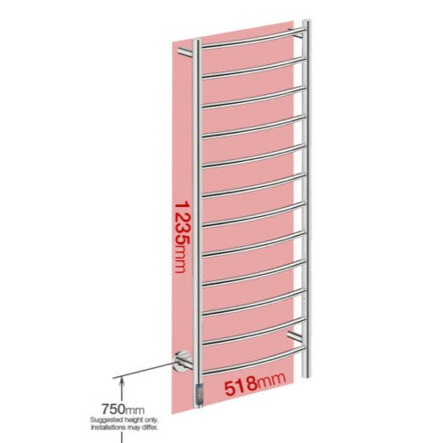 NATURAL 12 Bar 500mm Curved Heated Towel Rail with TDC Timer