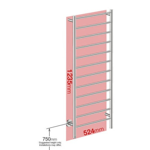 Natural 12 Bar 500mm Straight Heated Towel Rail with PTSelect Switch.