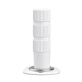 A white steel four-tiered bottle stack with ribbed screw-on sections and a circular base, shown on a plain white background.