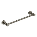 Towel bar with a brushed nickel finish on a white background