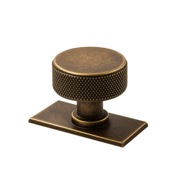 Cross-hatch & backplate cabinet knob - Antique brass