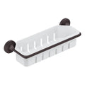 White wall-mounted storage bin with bronze brackets on a white background