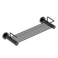 Black metal wall-mounted shower caddy on a white background