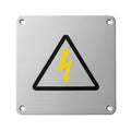 Metal plate with a high voltage warning symbol on a white background