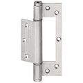 A silver-colored single action spring hinge suitable for doors made of timber, aluminum, and metal.
