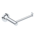 A chrome toilet paper holder with a traditional round design and an open disc stopper.